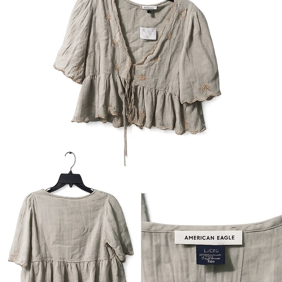 American Eagle Outfitters Olive Tie-Front Embroidered Crop Top - Picture 3 of 3